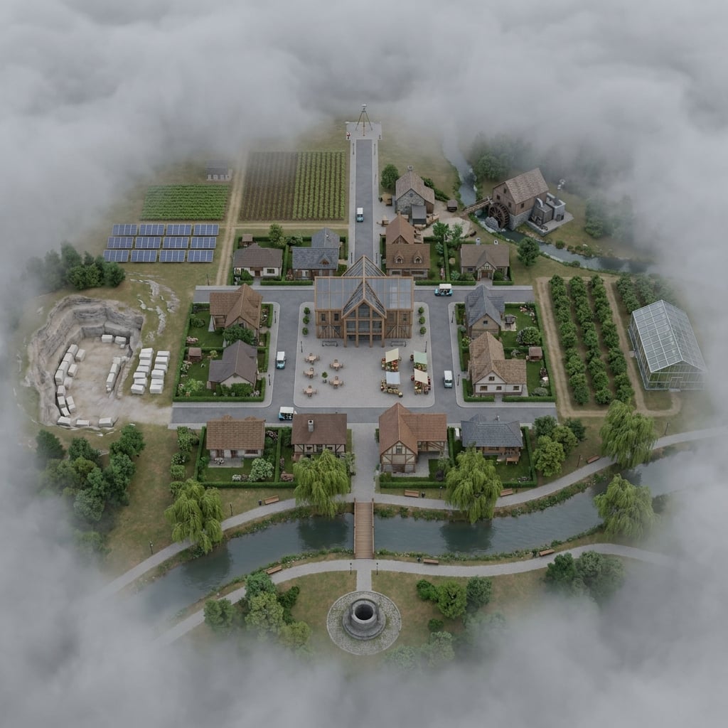 A photorealistic aerial view, straight down from a drone at a slight tilt, of a small clean town on another world, square format, in the manner of a thoughtful science-fiction film: timber, stone and glass buildings, tidy streets, small electric carts, soft overcast light. The whole town sits inside a ring of thick grey fog that fills every edge of the picture. Layout, exactly: top center, the north road ends at a survey post and a tripod where the pavement meets the fog. Far right middle, an orchard with a glass greenhouse against the fog. Far left middle, a stone quarry cut into a hillside against the fog with pale cut blocks lined up. Bottom center, an old stone well kept as a monument in a small park. A slow river winds across the lower third from left to right with a riverside walk, benches, willow trees and one footbridge. Exact center, a timber-and-glass town hall facing an open plaza with cafe tables and a small market. Upper left, neat fields and rows of solar panels. Upper right, an old mill on a stream with a turning water wheel, converted to a small power station. Low houses with gardens between these places. No text, no labels, no flags, no logos, no border.