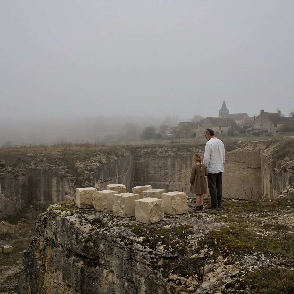 A wide, quiet scene: an old stone quarry at the edge of a small rural town, pale limestone blocks squared and waiting on a mossy shelf, seven of them, a wall of grey fog closing in behind. A man in a white open-collar linen shirt and a young girl in a plain wool dress stand at the edge of the cut, seen from a distance, backs half turned, looking at the stones. Soft flat grey morning light. Cinematic realism, muted earth colors, like a still from a quiet film. No soldiers, no uniforms, no helmets, no weapons, no flags, nothing modern, no text.