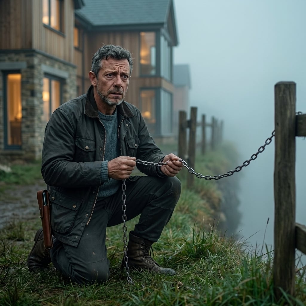 Keep this exact same man, same face, same worried expression, same kneeling pose by the fence at the edge of the fog, holding the chain. Bring the scene into a clean modern setting: he wears a dark charcoal waxed field jacket over a slate-grey knit sweater, dark work trousers and good leather boots, a slim instrument case on his belt instead of old tools. Absolutely no white shirt. Replace the old timber cottages behind him with tidy modern houses of timber, stone and glass with warm window light. Keep the tall wall of grey fog, the wooden fence posts and the wet grass. Photorealistic cinematic film still, muted teal and amber palette, no text, no weapons.